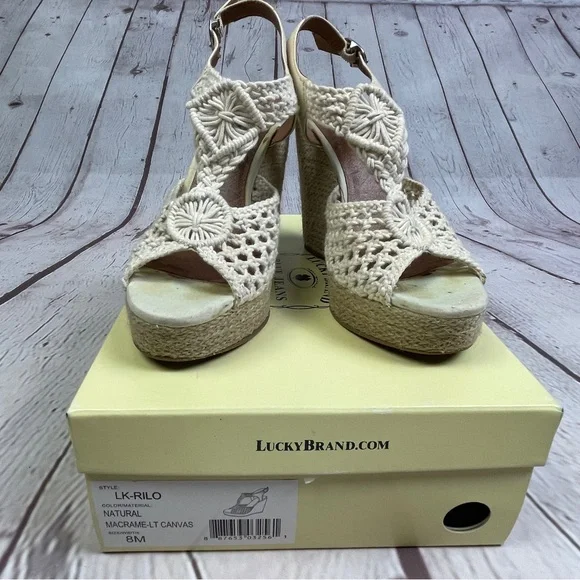LUCKY BRAND women's neutral cream macrame canvas crochet wedge sandals, size 8 - Picture 6 of 12